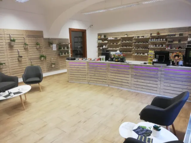Interiér prodejny Happy CBD Písek s prodejním pultem a regály