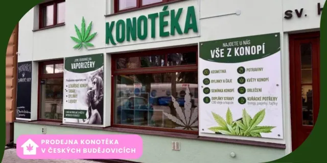 Brandední průčelí prodejny Konotéka v Českých Budějovicích s označením prodejny