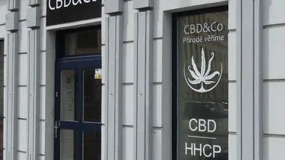 Vstup do prodejny CBD&Co na Pekařské v Brně s označením CBD&Co, Přírodě věříme, CBD a HHCP.